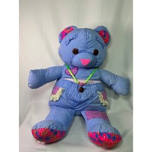 Vintage Doodle Bear Plush Blue Denim Pink Purple Heart 90s Retro Toy